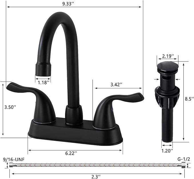 HOTIS Matte Black 4-Inch Centerset Bathroom Faucet, 2-Handle 3-Hole Sink Faucet with Pop-up Drain & Supply Lines