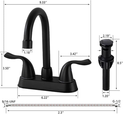 HOTIS Matte Black 4-Inch Centerset Bathroom Faucet, 2-Handle 3-Hole Sink Faucet with Pop-up Drain & Supply Lines