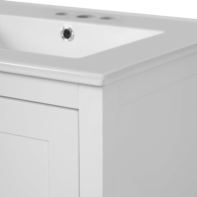 Favfurish 24" Modern Bathroom Vanity with Ceramic Sink, Freestanding Storage Cabinet w/2 Soft-Close Doors & 1 Drawer, Double-Layer Door Shelf, Solid Wood Frame for Small Bathrooms, Easy Assembly,White