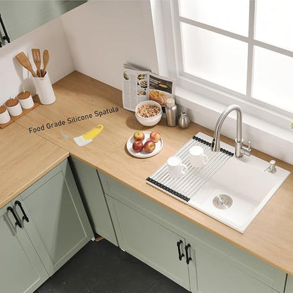 24 Drop in Kitchen Sink, 24x19 Inch Single Bowl White Granite Composite Quartz Topmount Outdoor Kitchen Sink RV Basin with Small Rubber Squeegee