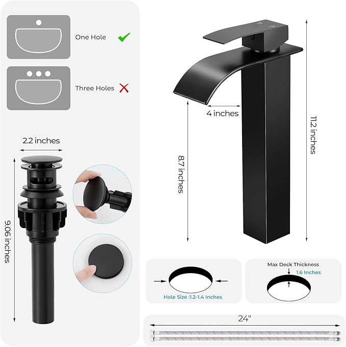 Black Bathroom Faucets, Tall Waterfall Bathroom Sink Faucet Modern Single Handle Bathroom Faucte 1 Hole, Tall Spout Vessel Faucet Mixer Tap Washbasin Faucet with Pop-up Drain, Supply Hoses