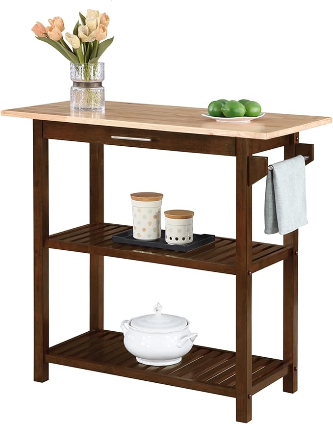 Convenience Concepts Designs2Go 3 Tier Butcher Block Kitchen Prep Island 40" - 3 Tier Modern Cooking Cart with Drawer, Food Serving Station for Kitchen, Dining Room, Espresso