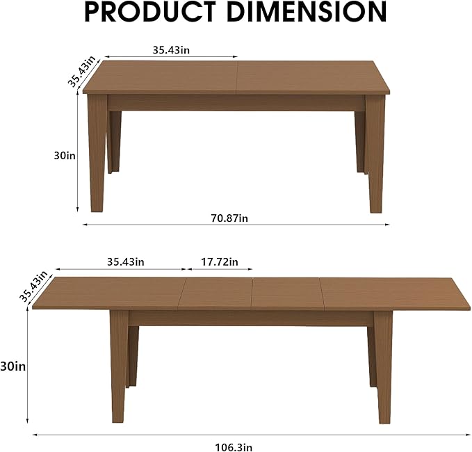 71" to 106" Expandable Dining Table, Modern Large Table for 6-10 People, Space-Saving Extendable Kitchen & Office Table, Warm Oak