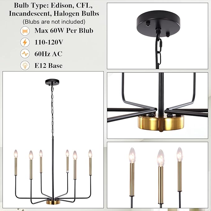 Modern Farmhouse Chandelier for Dining Room, 6 Lights Chandelier Light Fixture Adjustable Height, Black and Gold Hanging Candle Pendant Lighting for Kitchen Island Living Room Bedroom Foyer