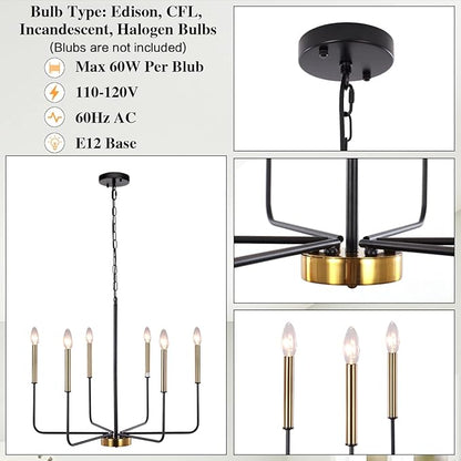 Modern Farmhouse Chandelier for Dining Room, 6 Lights Chandelier Light Fixture Adjustable Height, Black and Gold Hanging Candle Pendant Lighting for Kitchen Island Living Room Bedroom Foyer