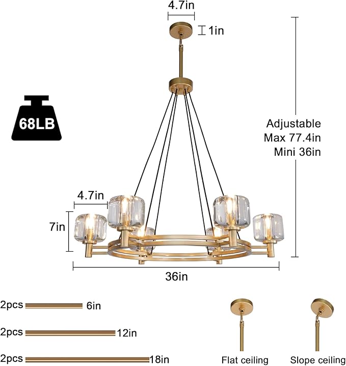 Modern Crystal Chandelier, 54" Black Rectangle Chandeliers for Dining Room, 5-Light Kitchen Island Lighting, Light Fixtures Over Table,Pendant Lighting Fixture for Dining Room Bedroom (1-Gold-36in)
