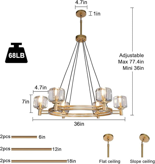 Modern Crystal Chandelier, 54" Black Rectangle Chandeliers for Dining Room, 5-Light Kitchen Island Lighting, Light Fixtures Over Table,Pendant Lighting Fixture for Dining Room Bedroom (1-Gold-36in)