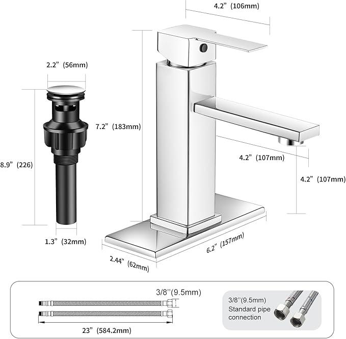 Chrome Bathroom Faucet YXOCVIR Single Hole with Pop-Up Bathroom Drain Single Handle Bathroom Faucet Suitable for Vanity Sinks, RV, Farmhouses, Suitable for 1 or 3-Hole Installation