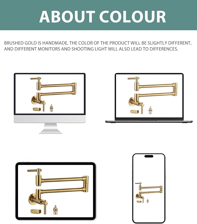 Gold Pot Filler Faucet, Wall Mount Copper Folding Faucet 2 Handle with Double Joint Swing Arms, Single Hole Brass Kitchen Faucet Over Stove
