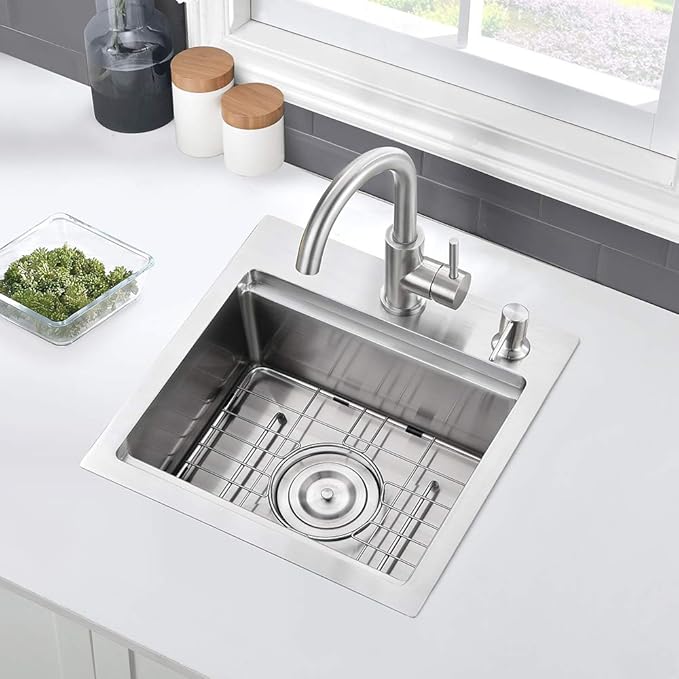 15 Inch Bar Sink Drop In Workstation-VASOYO 15x15 Small Kitchen Sink Drop In Topmount 16 Gauge Stainless Steel Bar Prep Sinks Outdoor Rv Kitchen Sinks Single Bowl Island Basin with Cutting Board