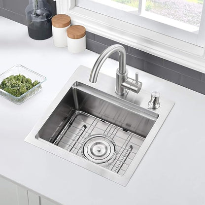 15 Inch Bar Sink Drop In Workstation-VASOYO 15x15 Small Kitchen Sink Drop In Topmount 16 Gauge Stainless Steel Bar Prep Sinks Outdoor Rv Kitchen Sinks Single Bowl Island Basin with Cutting Board