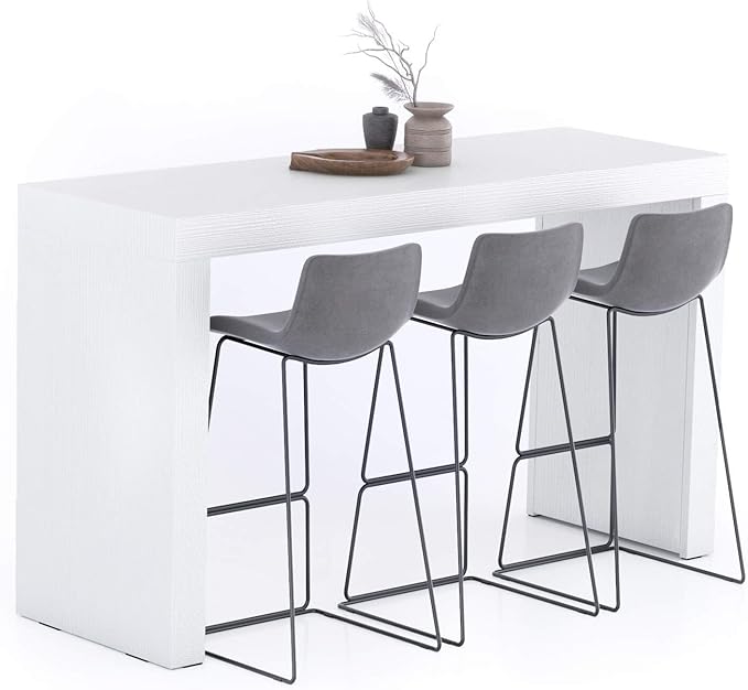 Mobili Fiver Evolution Tall Kitchen Bar Table Made in Italy | Space Saving, Counter Height Table for 6 | Modern Breakfast Bar Counter Top w/Cable Holder | Ashwood White | 70,9'' x 23,6" in
