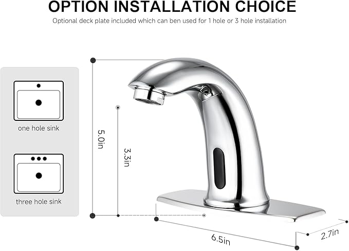 Automatic Touchless Bathroom Sink Faucet Bathroom Tap with Deck Plate, Battery or Plug-in Powered, Commercial Auto Motion Sensor Hot Cold Mixer Solid Brass Faucet, 1 Hole or 3 Hole, Chrome