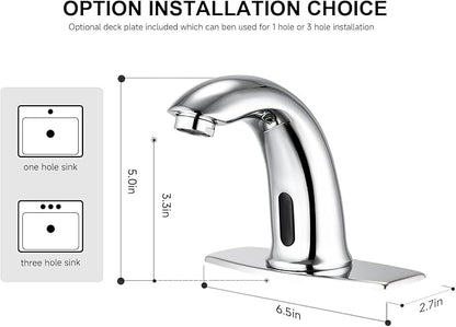 Automatic Touchless Bathroom Sink Faucet Bathroom Tap with Deck Plate, Battery or Plug-in Powered, Commercial Auto Motion Sensor Hot Cold Mixer Solid Brass Faucet, 1 Hole or 3 Hole, Chrome