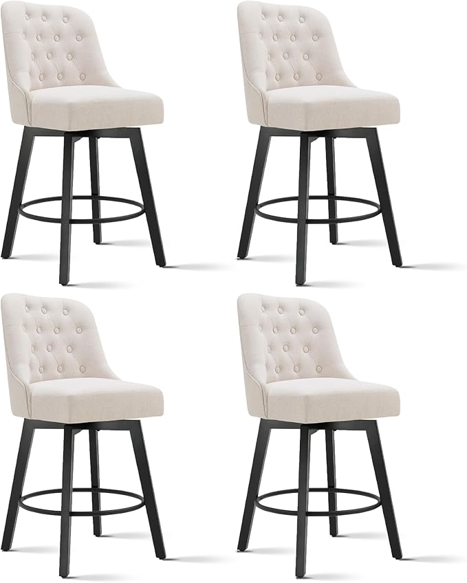 KISLOT Swivel Counter Height Bar Stools Set of 4, 26" Upholstered Fabric Barstools with Back, Thick Seat and Square Solid Wood Legs for Kitchen Island Home Bar, Beige