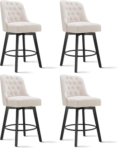 KISLOT Swivel Counter Height Bar Stools Set of 4, 26" Upholstered Fabric Barstools with Back, Thick Seat and Square Solid Wood Legs for Kitchen Island Home Bar, Beige