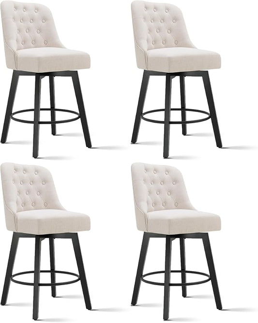 KISLOT Swivel Counter Height Bar Stools Set of 4, 26" Upholstered Fabric Barstools with Back, Thick Seat and Square Solid Wood Legs for Kitchen Island Home Bar, Beige