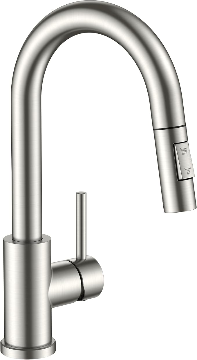FORIOUS Bar Sink Faucet for Kitchen Sink, Modern Single Handle Kitchen Faucet with Pull Down Sprayer, Brushed Nickel Stainless Steel High Arc with Deck Plate for 1 or 3 Hole, Suitable for Bathroom RV