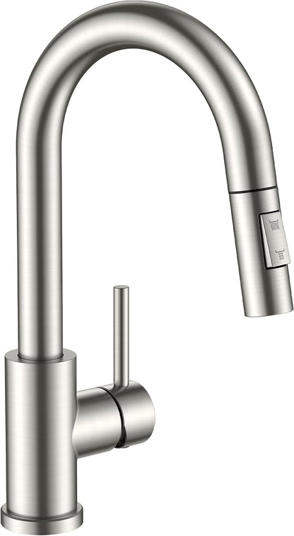 FORIOUS Bar Sink Faucet for Kitchen Sink, Modern Single Handle Kitchen Faucet with Pull Down Sprayer, Brushed Nickel Stainless Steel High Arc with Deck Plate for 1 or 3 Hole, Suitable for Bathroom RV