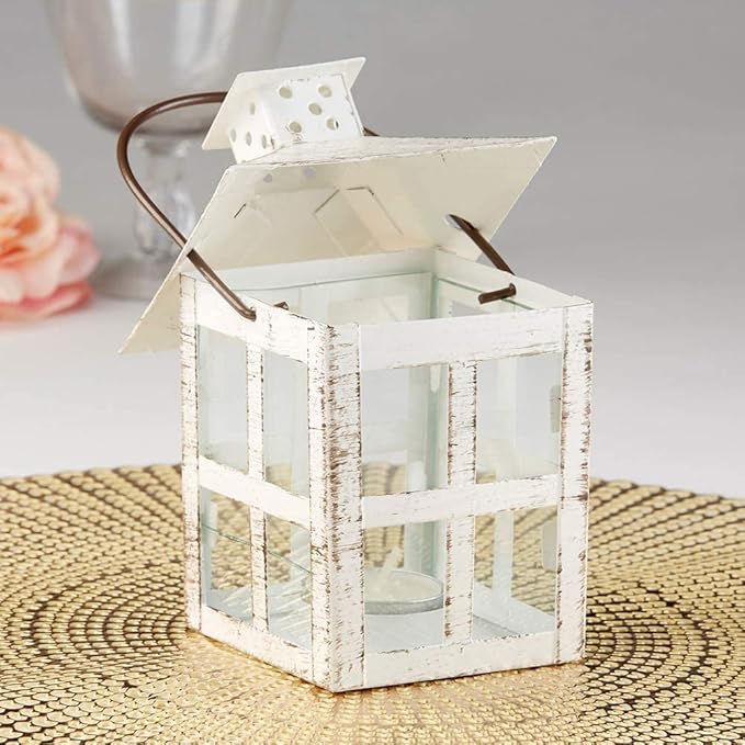 Kate Aspen Decorative Lanterns - Set of 12 - Distressed Metal Vintage Mini Lanterns, Centerpiece for Table, Accent Piece and Home Decor, Favors for Wedding and Baby Showers (White)