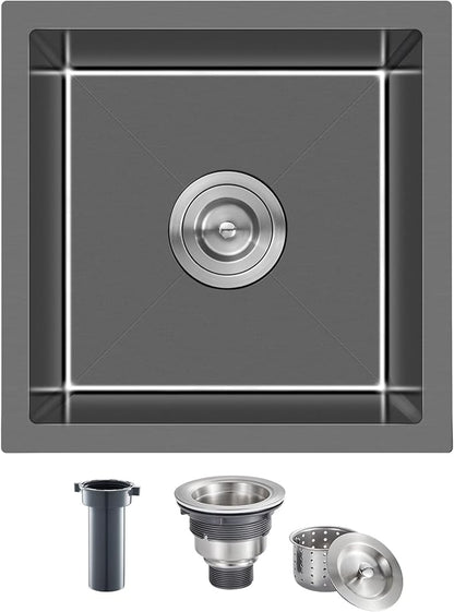 MENATT 15 x 15 Inch Black Undermout Kitchen Sink, 304 Stainless Steel Handmade Single Bowl Small Kitchen Bar or Prep Sink, D15"xW15"xH8"