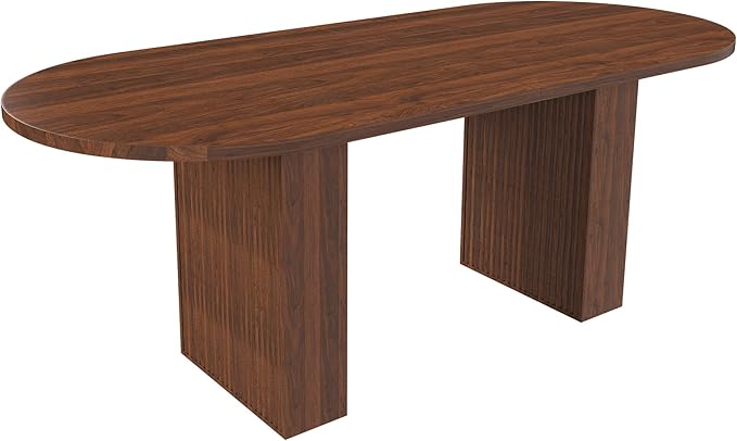 63" Water-Resistant Island Table, Rustic Dining Table with Wood Strip Base, Mid Century Dining Table with Spacious Oval Design for Home, Walnut