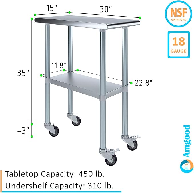 Stainless Steel Work Table with Wheels | NSF Kitchen Island Food Prep | Laundry Garage Utility Bench (Table + Wheels, 15" Long x 30" Deep)