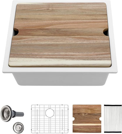 Sarlai 21 Granite Composite White Kitchen Sink - 21 x 18 inch Bar Prep Workstation Sink White Granite Composite Quartz Undermount Single Bowl Rectangular RV Camper Sinks Basin