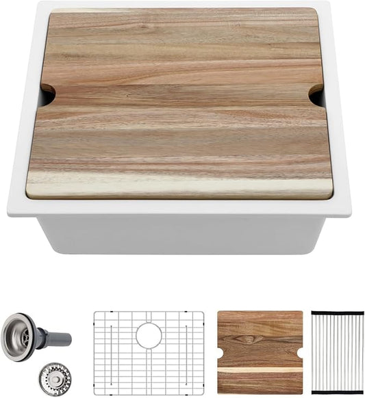 Sarlai 21 Granite Composite White Kitchen Sink - 21 x 18 inch Bar Prep Workstation Sink White Granite Composite Quartz Undermount Single Bowl Rectangular RV Camper Sinks Basin