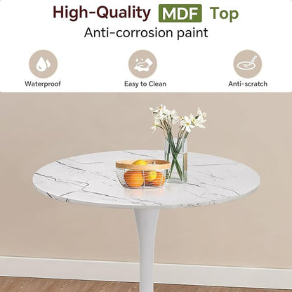Round Dining Table 27.5" Faux Marble White Tulip Table with Pedestal Base for 2-4 People Small Space - Kitchen Living Room Cafe