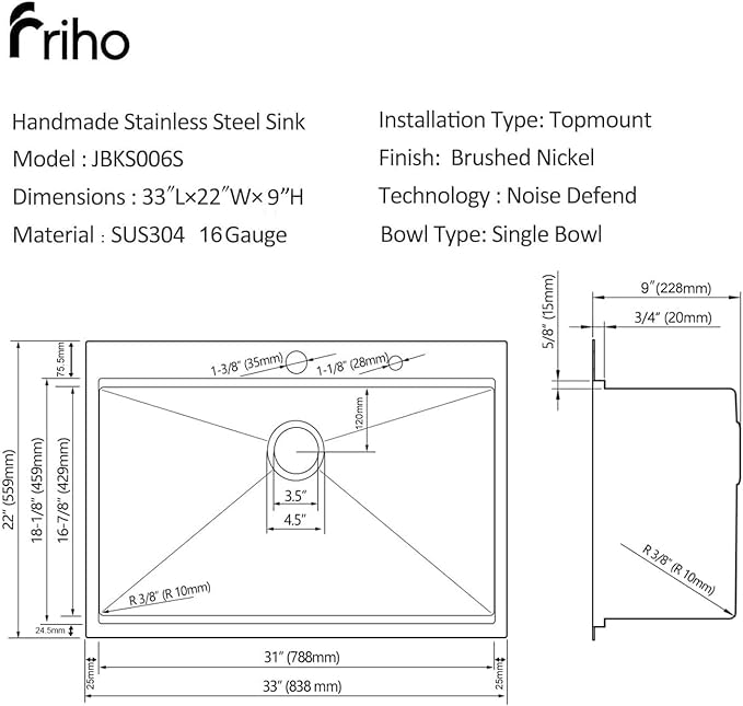 Friho 33x22 Inch Drop in Kitchen Sink, Single Bowl Workstation Handmade Farmhouse Topmount Stainless Steel Kitchen Sink with Dish Grid,Dish Drainer,Cutting Board Basket Strainer