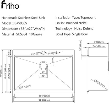 Friho 33x22 Inch Drop in Kitchen Sink, Single Bowl Workstation Handmade Farmhouse Topmount Stainless Steel Kitchen Sink with Dish Grid,Dish Drainer,Cutting Board Basket Strainer
