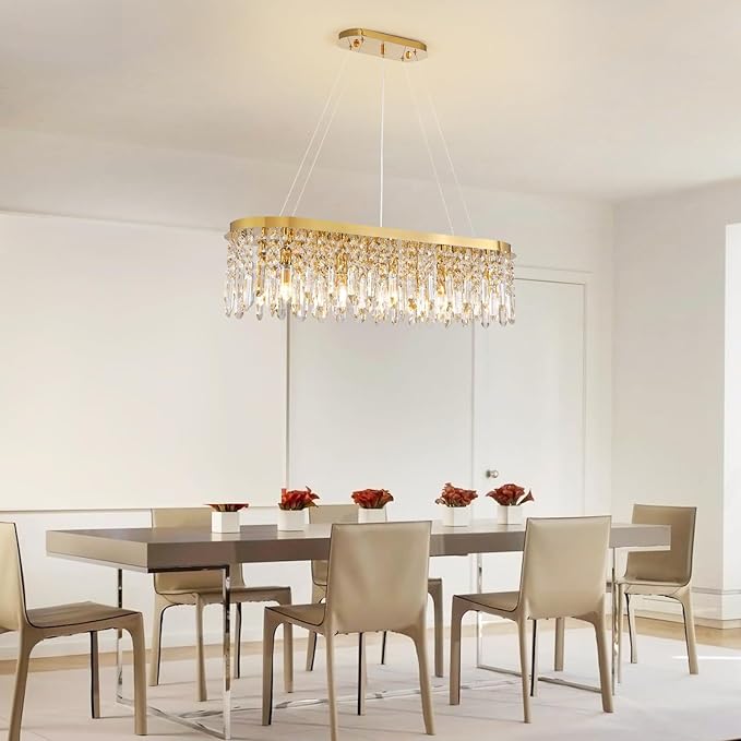 Siljoy Rectangular Gold Crystal Chandelier for Dining Room, 10-Light Modern Oval K9 Crystal Raindrop Chandelier Luxury Crystal Island Light for Living Room Kitchen Bar L40'' x W11'' x H10.6''