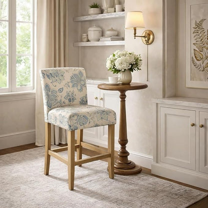HomePop Upholstered Counter Height Barstool, 24-inch, Blue and Tan Jacobean