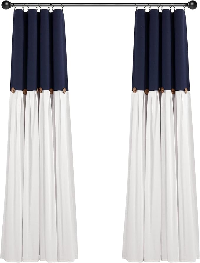 Lush Decor Linen Button Window Curtain Panel, Single, 40" W x 84" L, Navy & White - Country Curtains - Rustic Decor - Color Block Modern Curtains For Living Room, Bedroom & Dining Room - 100% Blackout