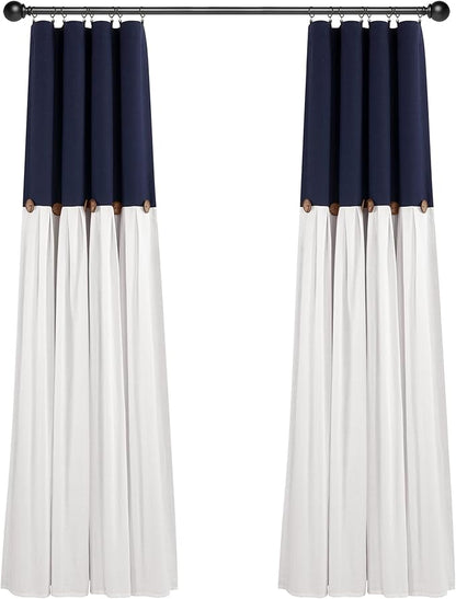 Lush Decor Linen Button Window Curtain Panel, Single, 40" W x 84" L, Navy & White - Country Curtains - Rustic Decor - Color Block Modern Curtains For Living Room, Bedroom & Dining Room - 100% Blackout