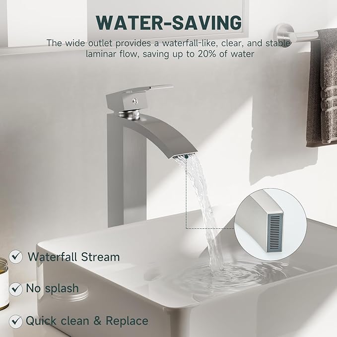 Brushed Nickel Vessel Sink Faucet, Greenspring Waterfall Bathroom Faucets, Tall Spout Single Handle Single Hole Bathroom Faucets with Pop Up Drain and Without Overflow Basin Faucet Supply Line