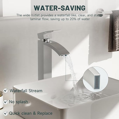 Brushed Nickel Vessel Sink Faucet, Greenspring Waterfall Bathroom Faucets, Tall Spout Single Handle Single Hole Bathroom Faucets with Pop Up Drain and Without Overflow Basin Faucet Supply Line