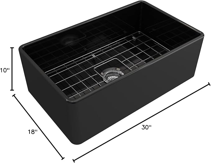 BOCCHI Classico Farmhouse Apron Front Fireclay 30 in. Single Bowl Kitchen Sink with Protective Bottom Grid and Strainer in Black