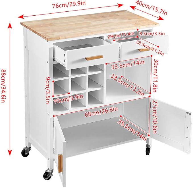 Menaka 2 Doors Kitchen Island Carts 30 Inches with Drawers and Wine Rack Storage Sideboard Buffet Trolley Side Table with Wheels, White Dining Room Cupboard Dinette Floor Freestanding Small Space