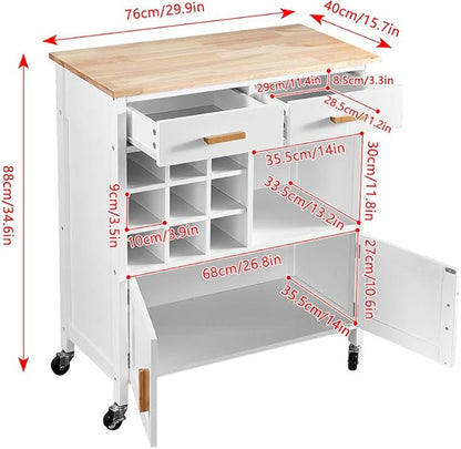 Menaka 2 Doors Kitchen Island Carts 30 Inches with Drawers and Wine Rack Storage Sideboard Buffet Trolley Side Table with Wheels, White Dining Room Cupboard Dinette Floor Freestanding Small Space