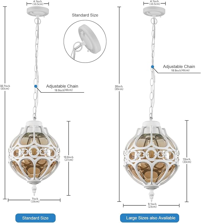 Globe Outdoor Pendant Lights, White Aluminum Waterproof Hanging Light Fixture for Porch Entryway Hallway, Vintage Round Exterior Chandelier, Outside Pendant Lamp with Amber Glass, 2 Pack