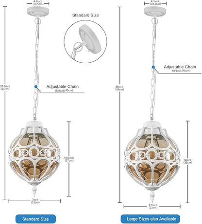 Globe Outdoor Pendant Lights, White Aluminum Waterproof Hanging Light Fixture for Porch Entryway Hallway, Vintage Round Exterior Chandelier, Outside Pendant Lamp with Amber Glass, 2 Pack