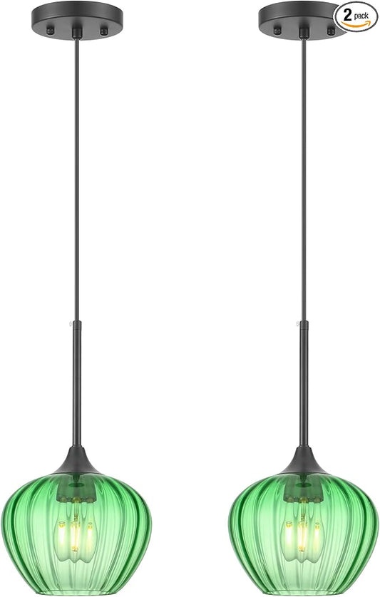 2-Pack Green Pendant Lights Kitchen Island, 7" Vintage Glass Pendant Lighting Fixtures Mini Hanging Light for Kitchen, Dining Room, Bathroom, Bedroom