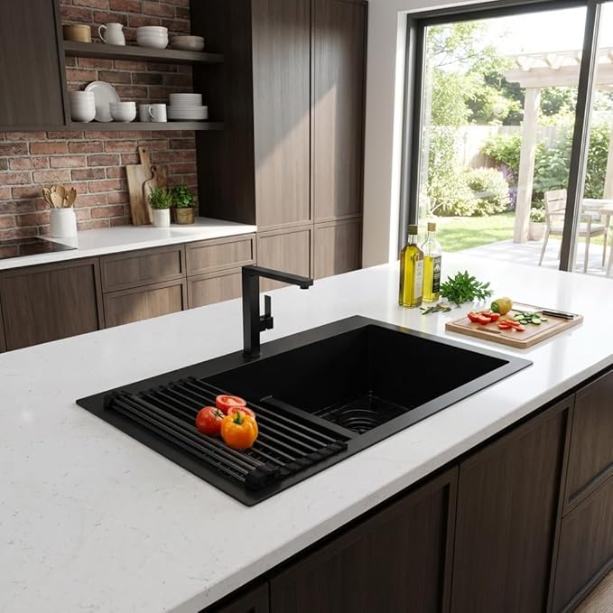 LQS Black Kitchen Sink, 33x22 Drop In Kitchen Sink Black, Top Mount Stainless Steel Sink, Large Capacity, 50/50 Double Bowl Sink with Unique Low-Divider Design For Easier Rinsing and Cleaning