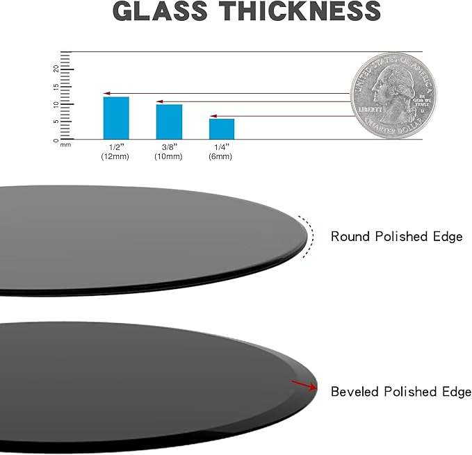 36 inch Round Glass Table Top - Black Tempered Glass Surface Protector - Safe 3/8" Thick Beveled Edge - Useful for Replacement,Dining Table, Patio, Coffee and End Table,Indoor & Outdoor