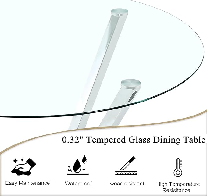 Round Dining Table for 4 6 People, 45.3" Modern Glass Kitchen Table, Circle Silver Dinner Table with 0.32" Thick Tempered Glass Top and Metal Legs, Glass Dining Room Furniture for Kitchen Living Room