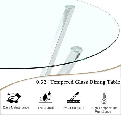 Round Dining Table for 4 6 People, 45.3" Modern Glass Kitchen Table, Circle Silver Dinner Table with 0.32" Thick Tempered Glass Top and Metal Legs, Glass Dining Room Furniture for Kitchen Living Room