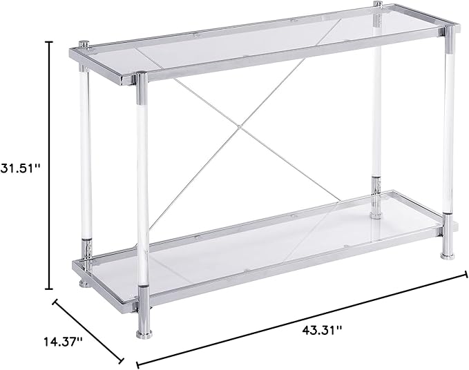 Silver Console Table with Chrome Metal Frame, 2-Tier Rectangular Clear Glass Acrylic Console Table with Storage Shelf, Narrow Hallway Tables Modern Entryway Tables for Living Room