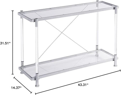 Silver Console Table with Chrome Metal Frame, 2-Tier Rectangular Clear Glass Acrylic Console Table with Storage Shelf, Narrow Hallway Tables Modern Entryway Tables for Living Room